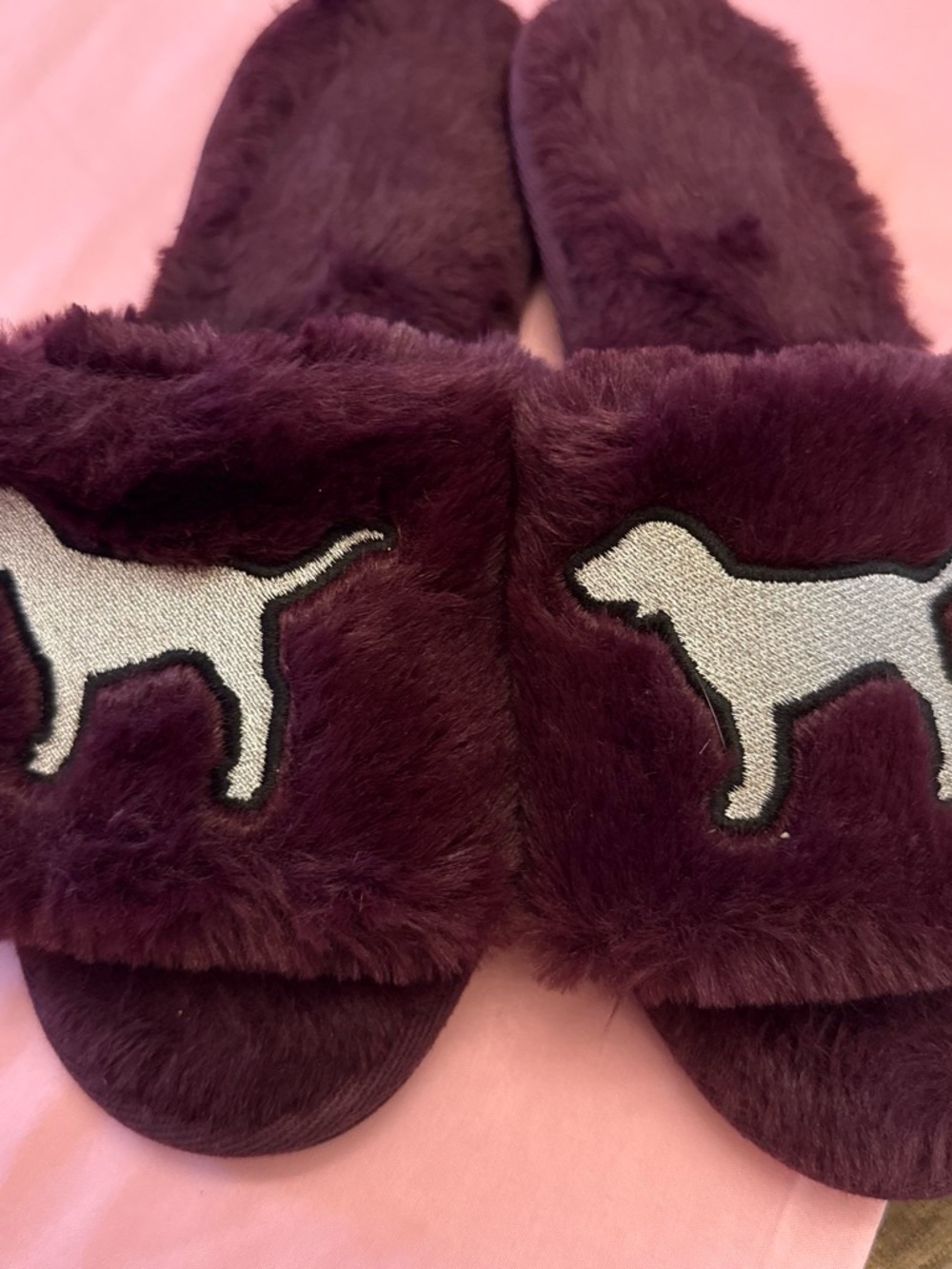 Victoria Secret Plush Dog-Accent Slide Slippers in Deep Plum